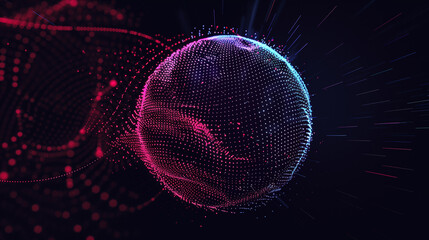 Looped distortion waves on abstract sphere of particles. Digital data splash of spherical point array. Futuristic glitch UI element.	
