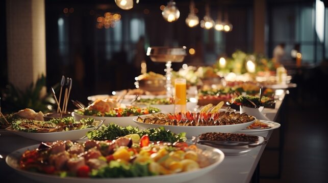 Delicious catering buffet food in the restaurant or hotel room for wedding reception. Catering service company concept.