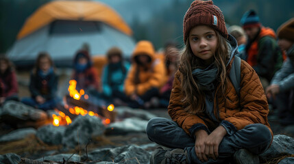Obraz na płótnie Canvas Young girl, diverse group, huddled around campfire, storytelling 
