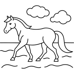         horse walks along the seashore colouring page.

