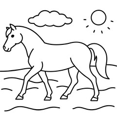         horse walks along the seashore colouring page.
