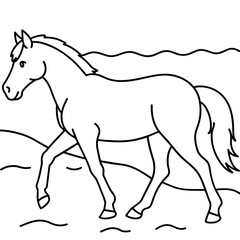        horse walks along the seashore colouring page.
