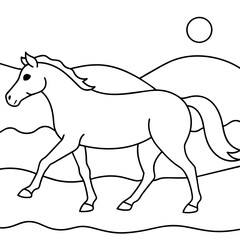         horse walks along the seashore colouring page.
