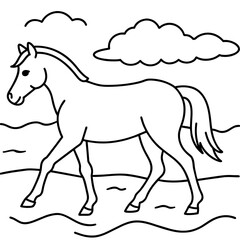         horse walks along the seashore colouring page.
