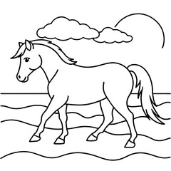         horse walks along the seashore colouring page.
