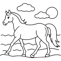         horse walks along the seashore colouring page.

