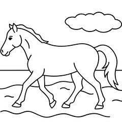         horse walks along the seashore colouring page.
