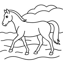         horse walks along the seashore colouring page.
