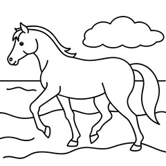         horse walks along the seashore colouring page.
