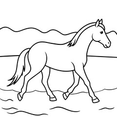         horse walks along the seashore colouring page.
