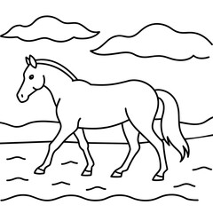         horse walks along the seashore colouring page.
