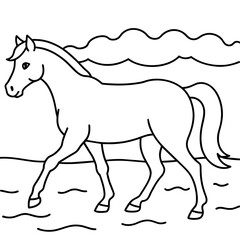         horse walks along the seashore colouring page.
