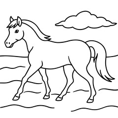         horse walks along the seashore colouring page.
