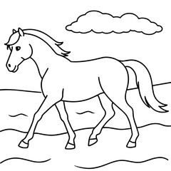         horse walks along the seashore colouring page.
