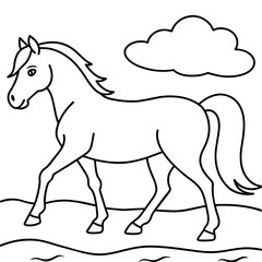         horse walks along the seashore colouring page.

