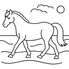         horse walks along the seashore colouring page.
