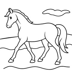         horse walks along the seashore colouring page.
