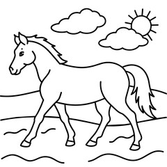         horse walks along the seashore colouring page.
