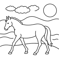         horse walks along the seashore colouring page.
