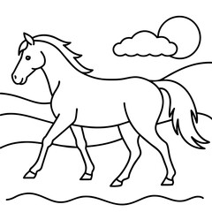         horse walks along the seashore colouring page.
