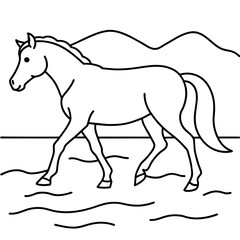         horse walks along the seashore colouring page.
