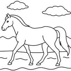         horse walks along the seashore colouring page.
