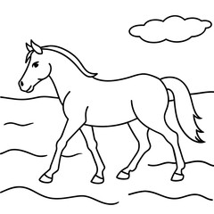         horse walks along the seashore colouring page.

