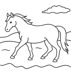         horse walks along the seashore colouring page.
