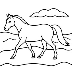         horse walks along the seashore colouring page.
