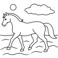         horse walks along the seashore colouring page.
