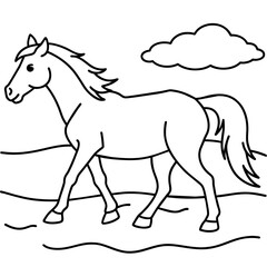         horse walks along the seashore colouring page.
