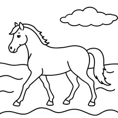         Horse walks along the seashore colouring page.
