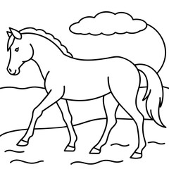         Horse walks along the seashore colouring page.

