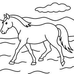         Horse walks along the seashore colouring page.
