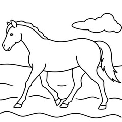         Horse walks along the seashore colouring page.
