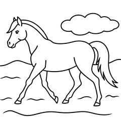         Horse walks along the seashore colouring page.
