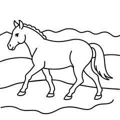         Horse walks along the seashore colouring page.
