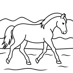         Horse walks along the seashore colouring page.
