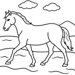         Horse walks along the seashore colouring page.
