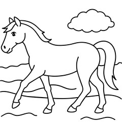         Horse walks along the seashore colouring page.
