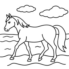         Horse walks along the seashore colouring page.
