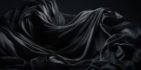 Black satin background. Silk fabric texture. Closeup of rippled black silk or satin fabric on black background - obrazy, fototapety, plakaty