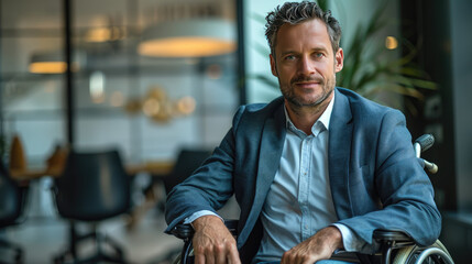 Obraz premium Confident businessman, wheelchair-bound, leading boardroom discussion 