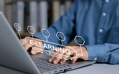 Concept of Online education. man use Online education training and e-learning webinar on internet...