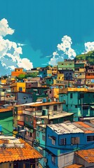 illustration of a favela in São Paulo Brazil with a big blue sky
