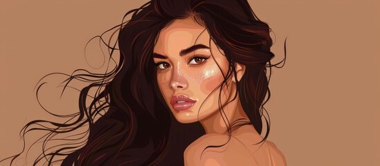 Gazing directly at the viewer, a woman with flowing long hair and very large chest looks striking and confident