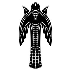 Totem bird. Permian animal style. Ancient Siberian shamanistic idol. Stylized flying dove or falcon with three heads. Black and white silhouette.