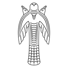Totem bird. Permian animal style. Ancient Siberian shamanistic idol. Stylized flying dove or falcon with three heads. Black and white linear silhouette.