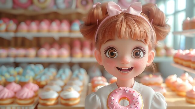 Cartoon chubbi girl in 3D delighting in a donut, colorful bakery shop background