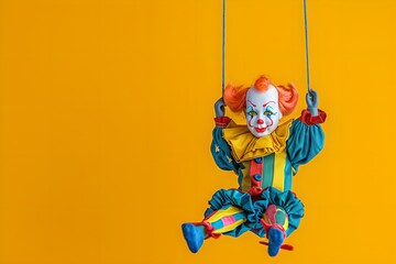 Clown puppet hanging against yellow background. Halloween celebration. Clowncore, circus aesthetics concept. Retro toy and nostalgia. Banner with copy space